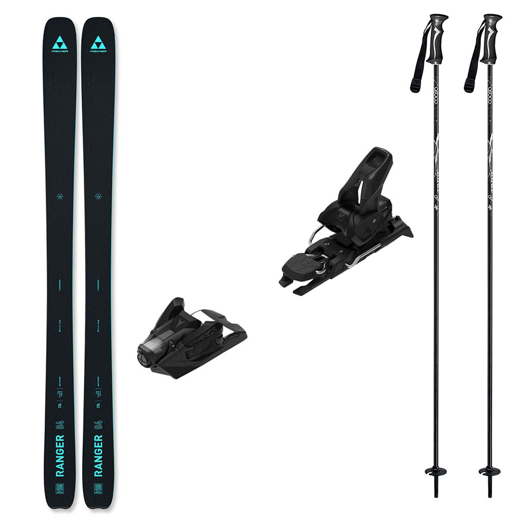 Ranger84w_Strive12-A ski equipment bundle featuring a pair of black Lange RANGER skis with teal branding, two black ski bindings, and two black ski poles with white graphics, all arranged on a plain white background.