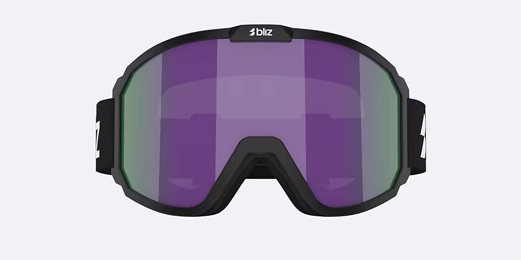 Rave-Bliz ski goggles with a black frame and strap, featuring a purple-to-green mirrored lens, shown on a light gray background.