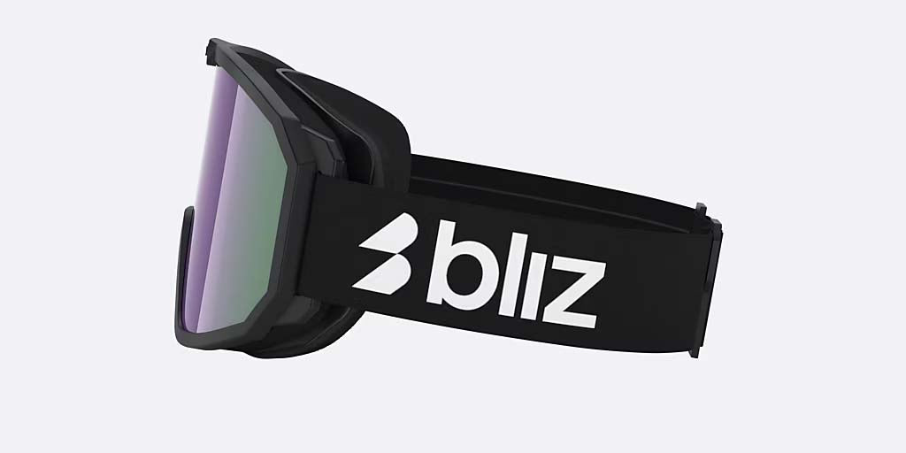 Rave-Bliz ski goggles with a black frame and strap, featuring a purple-to-green mirrored lens, shown on a light gray background.