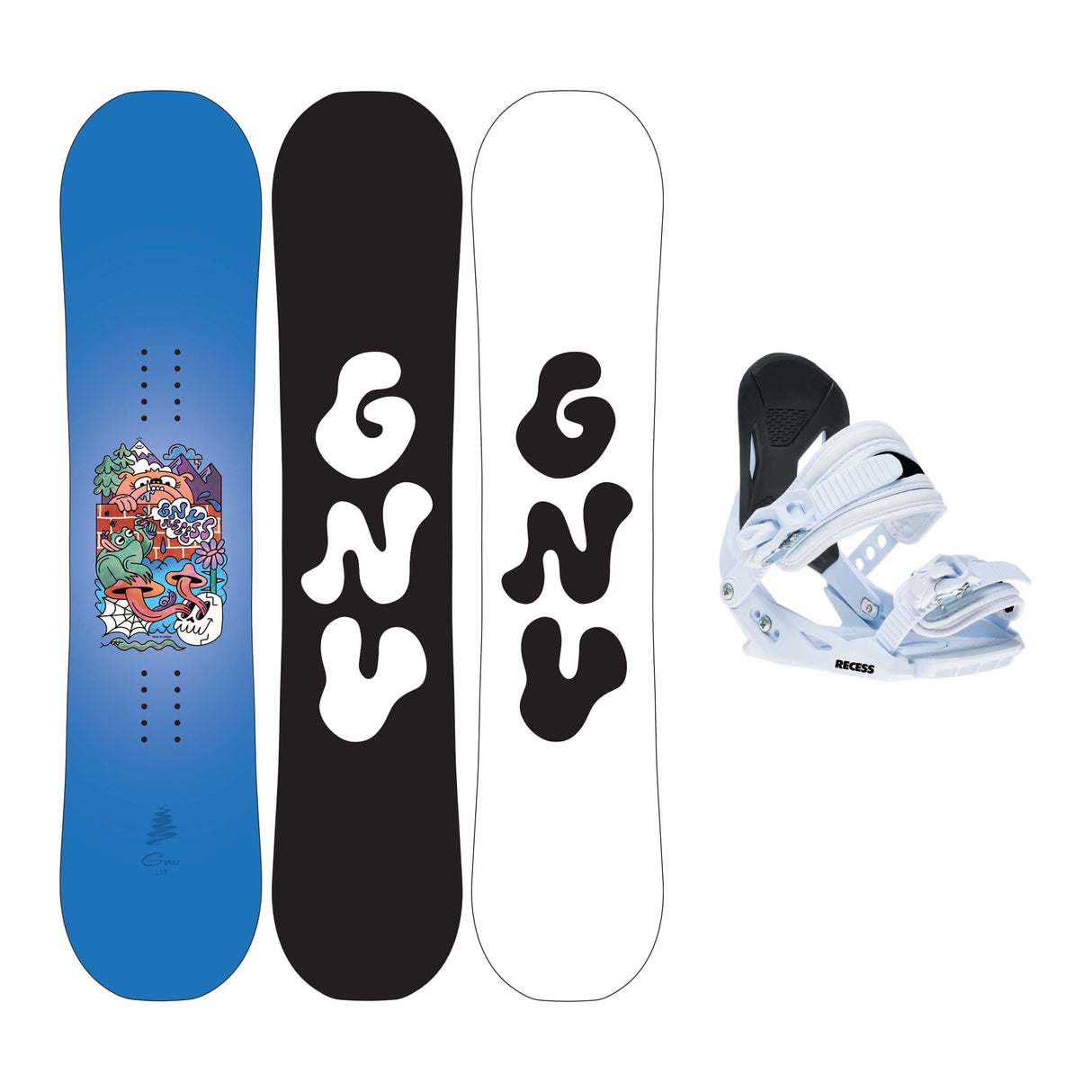 RecessPackageMini- The GNU Recess Snowboard shown next to a white and black snowboard binding