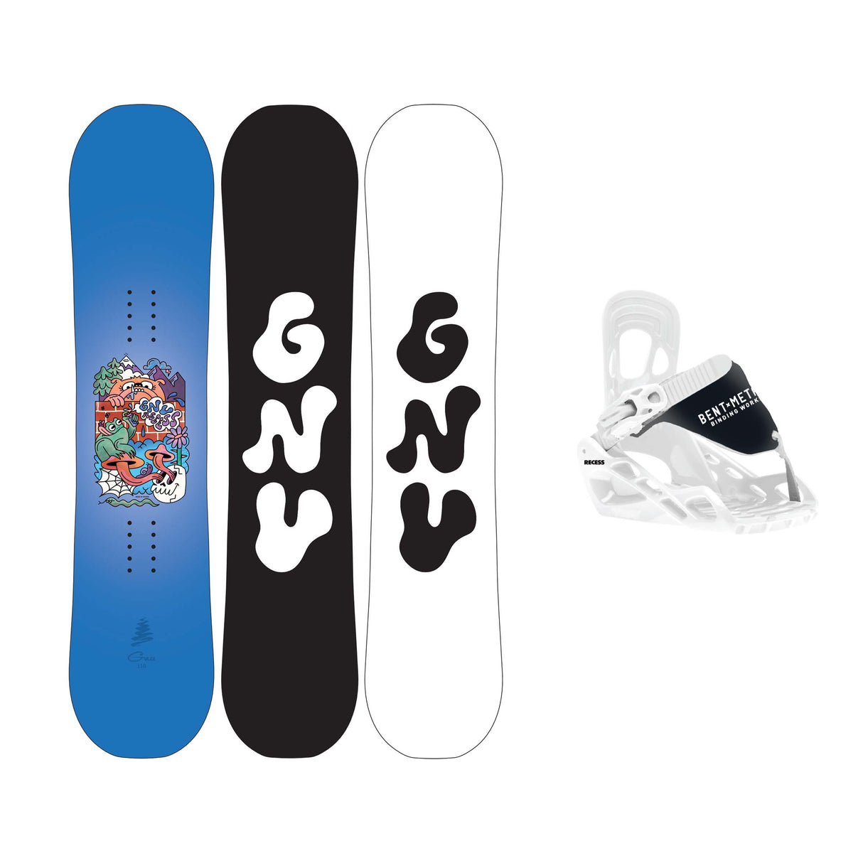 RecessPackageMini- The GNU Recess Snowboard shown next to a white and black Bent Metal snowboard binding