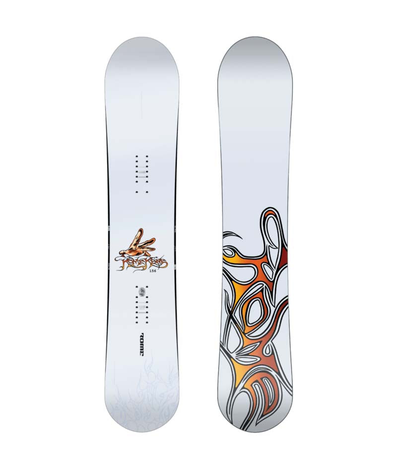 Rene- Two views of a white snowboard on a white background
