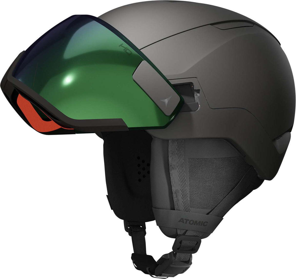 ReventGTAmidVisorHD-Black helmet with a green visor on a white background