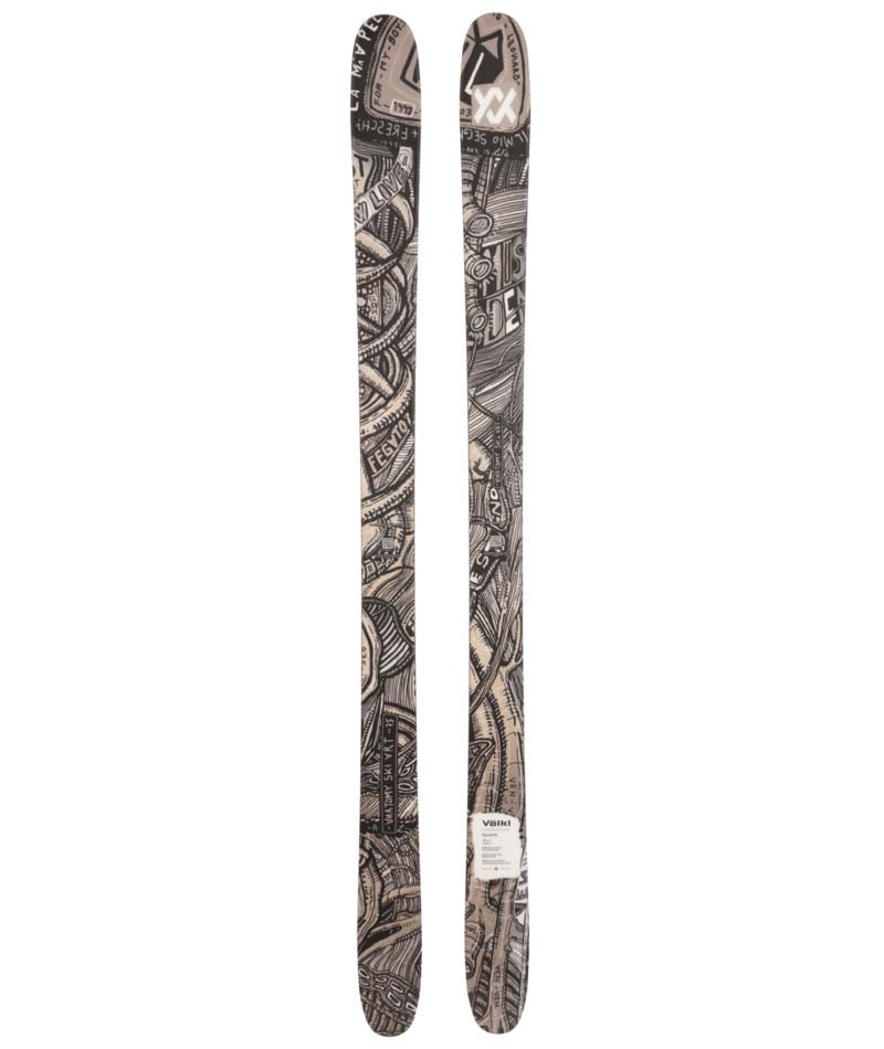 Revolt96Flat-Two skis with a detailed pattern on a white background