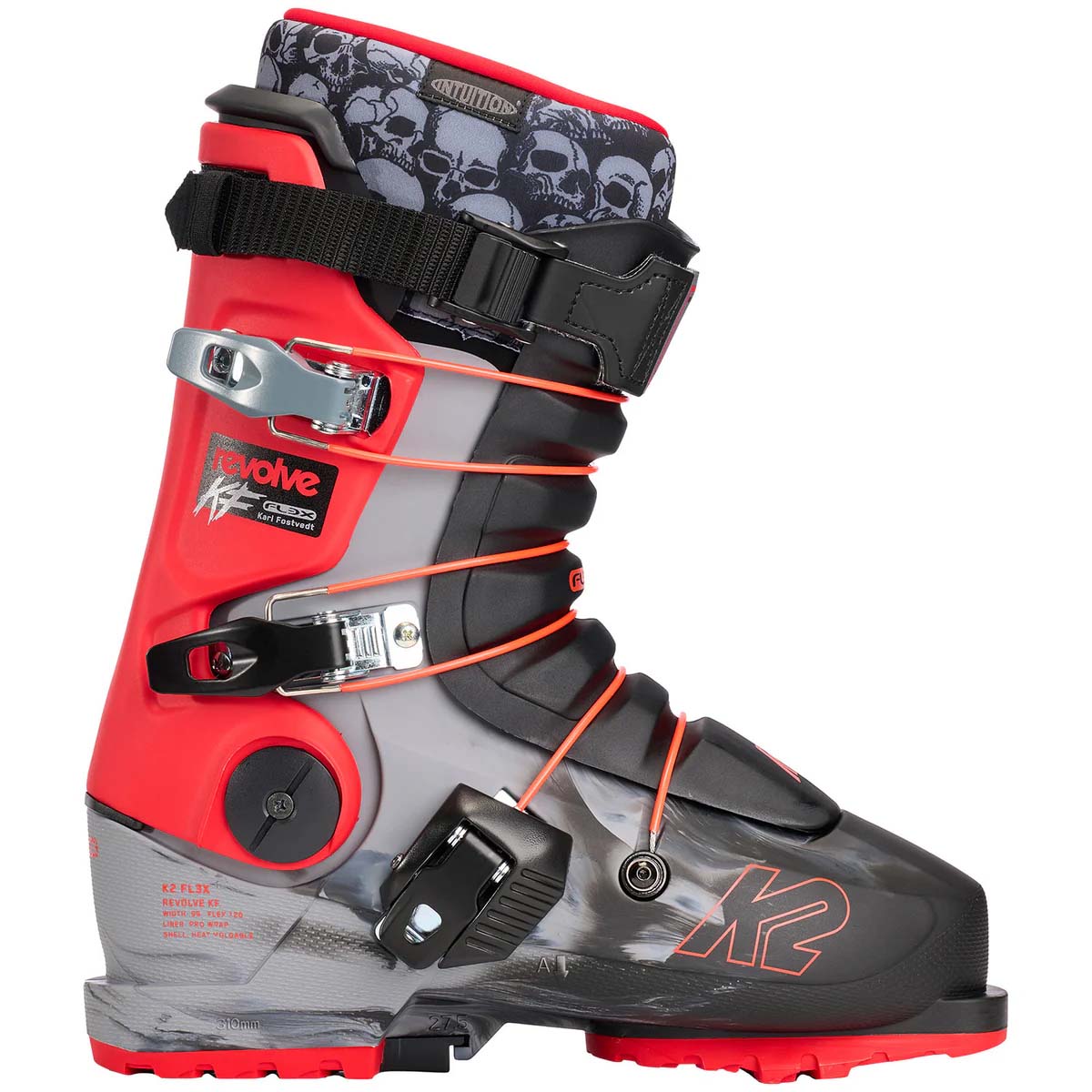RevolveKF-A single ski boot from K2 Revolve, featuring a color-blocked design of red, gray, and black with orange accents, including a skull pattern on the inner collar.