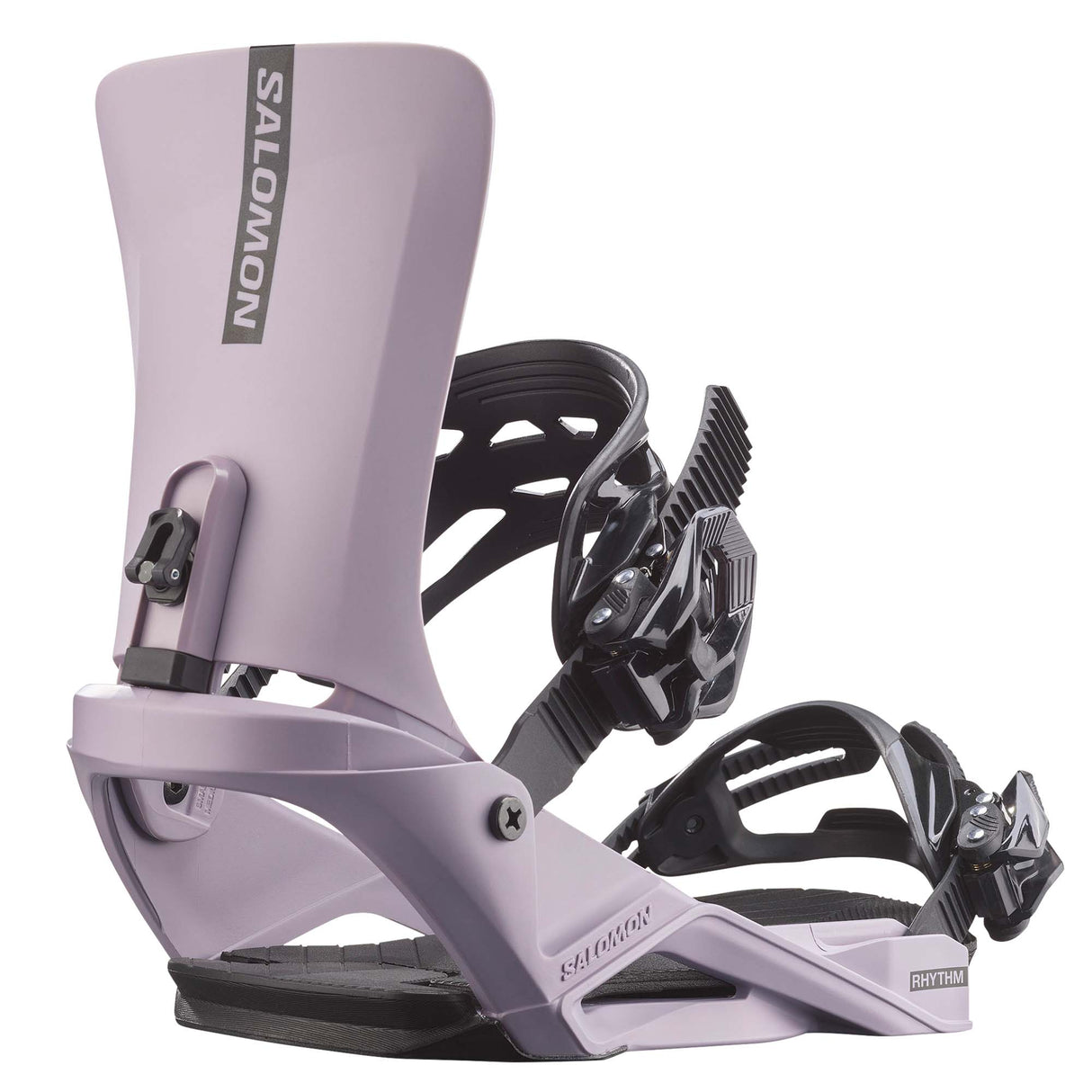 Rhythm- Light purple snowboard bindings on a white background