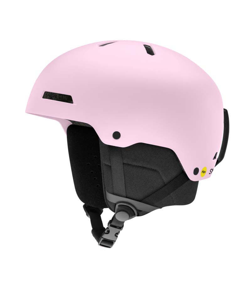 RodeoMips-Pink helmet with black interior and straps on a white background