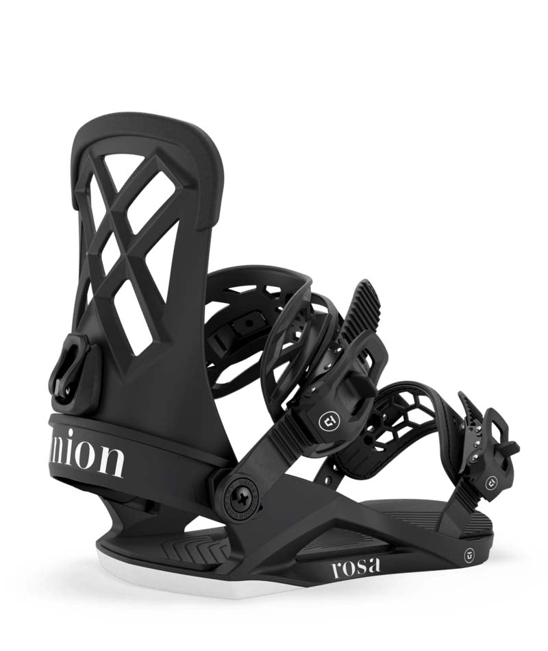 Rosa-Black snowboard binding with 'Union' branding on a white background