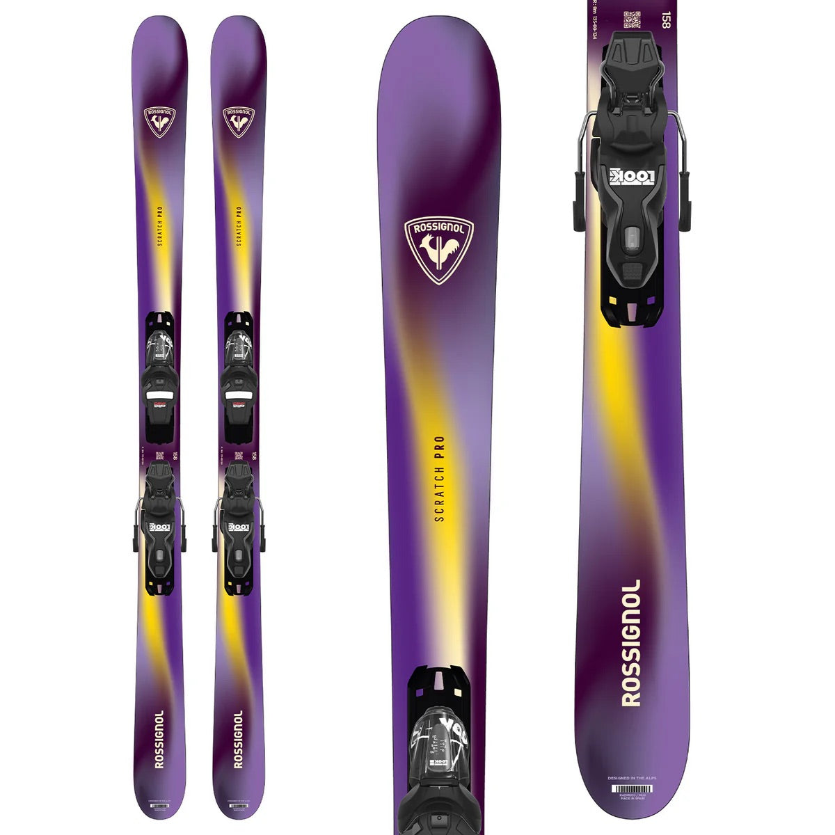 RossignolScratchProSkis-Rossignol Scratch Pro ski shown from three angles: side view, front view, and close-up of the binding area. The ski features a purple and yellow gradient design with black Rossignol bindings.