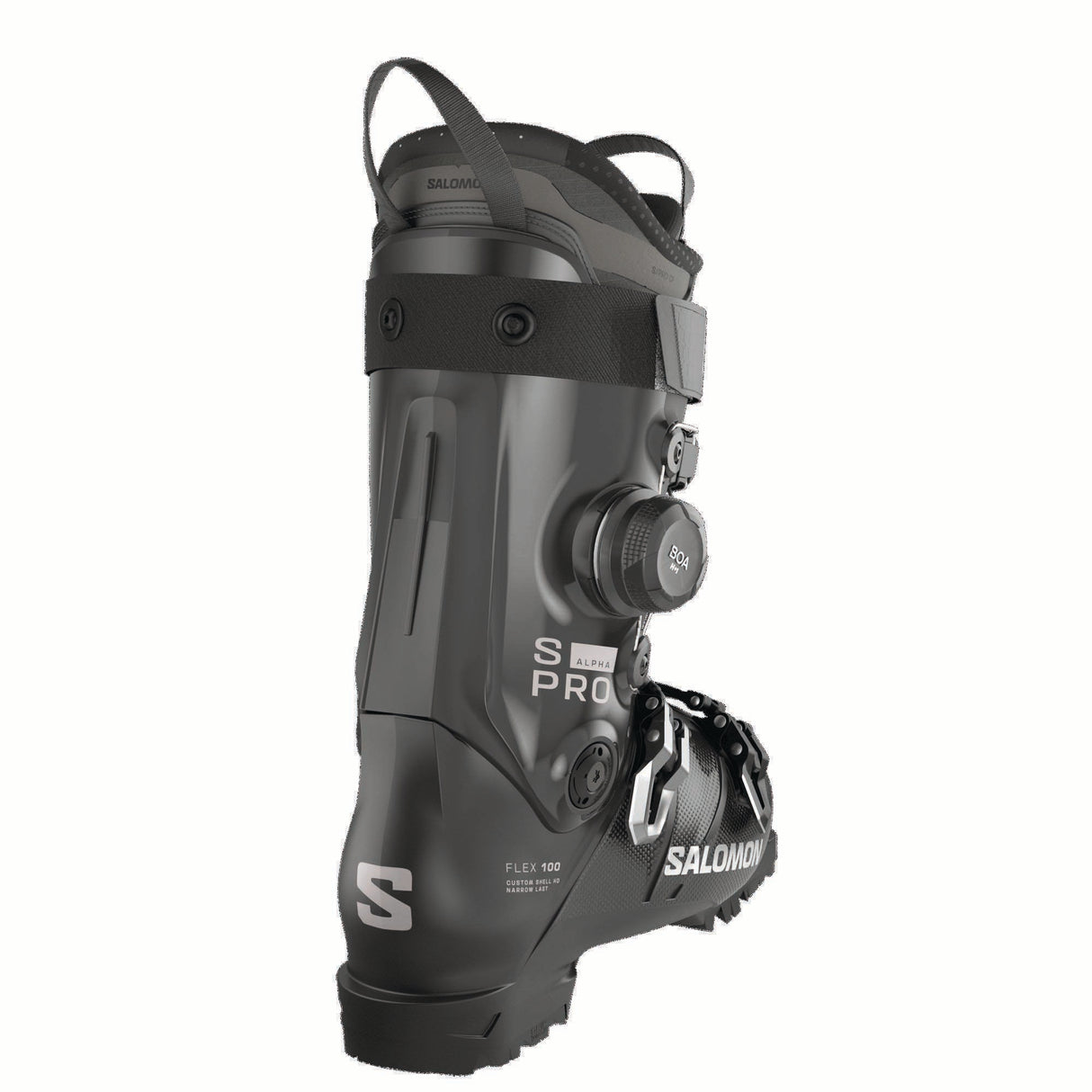 SPROALPHACBOA100-Black Salomon ski boot on a white background