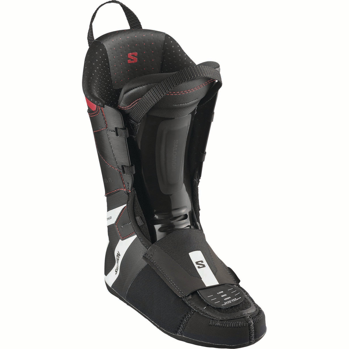 SPROALPHACBOA120-Black and red Salomon ski boot on a white background