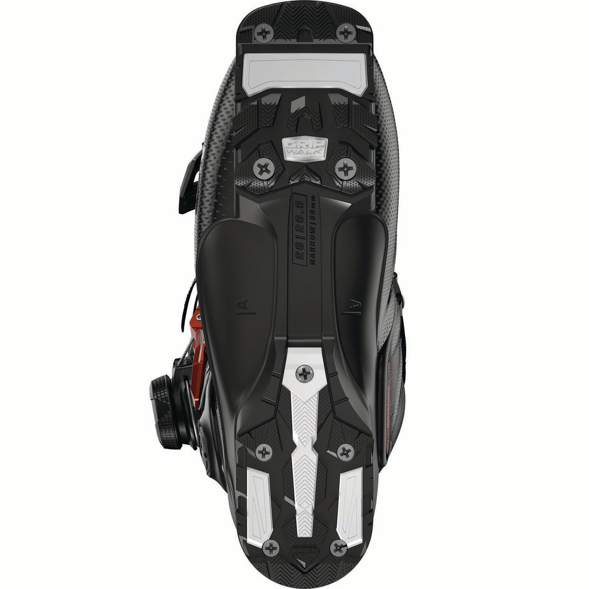 SPROALPHACBOA120-Black and red Salomon ski boot on a white background