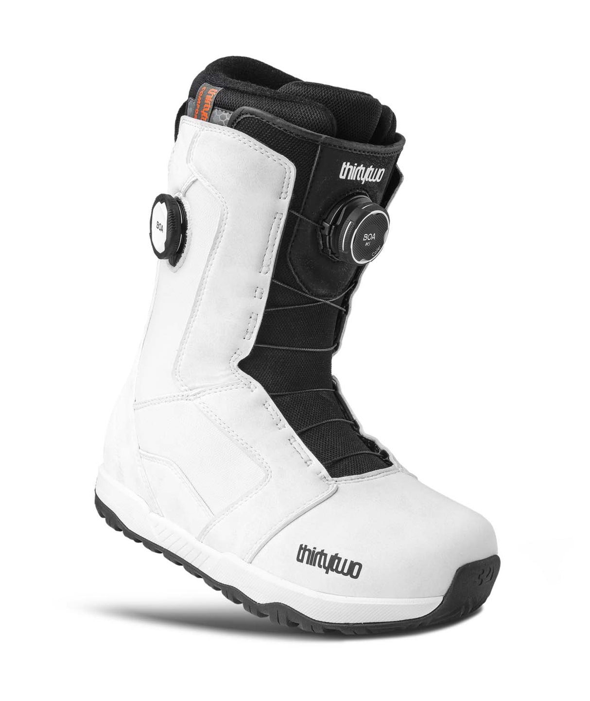 STWDb-White snowboard boot with black accents on a white background