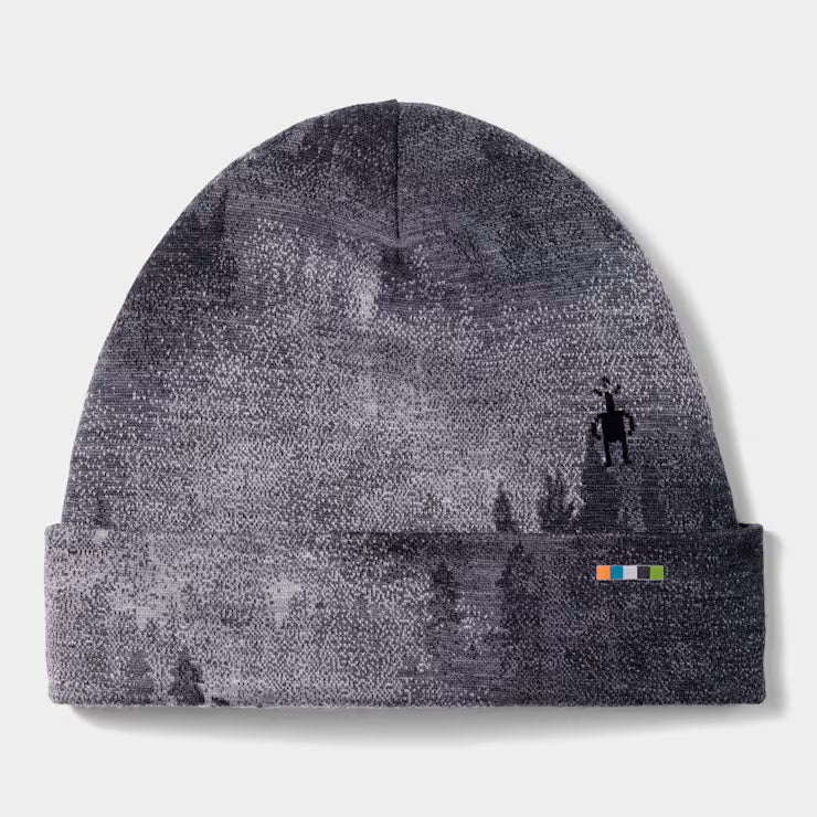 Thermal Merino Reversible Cuffed Beanie- Gray patterned beanie with a small logo on a light gray background