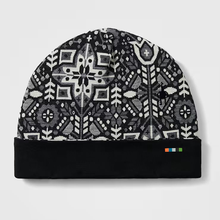 Thermal Merino Reversible Cuffed Beanie-Black and white patterned beanie on a light gray background