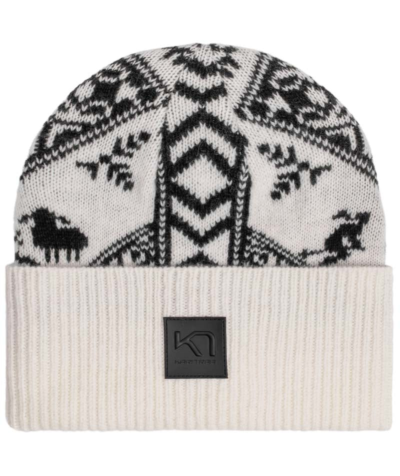 SagaKnitBeanie- White and black beanie on a white background