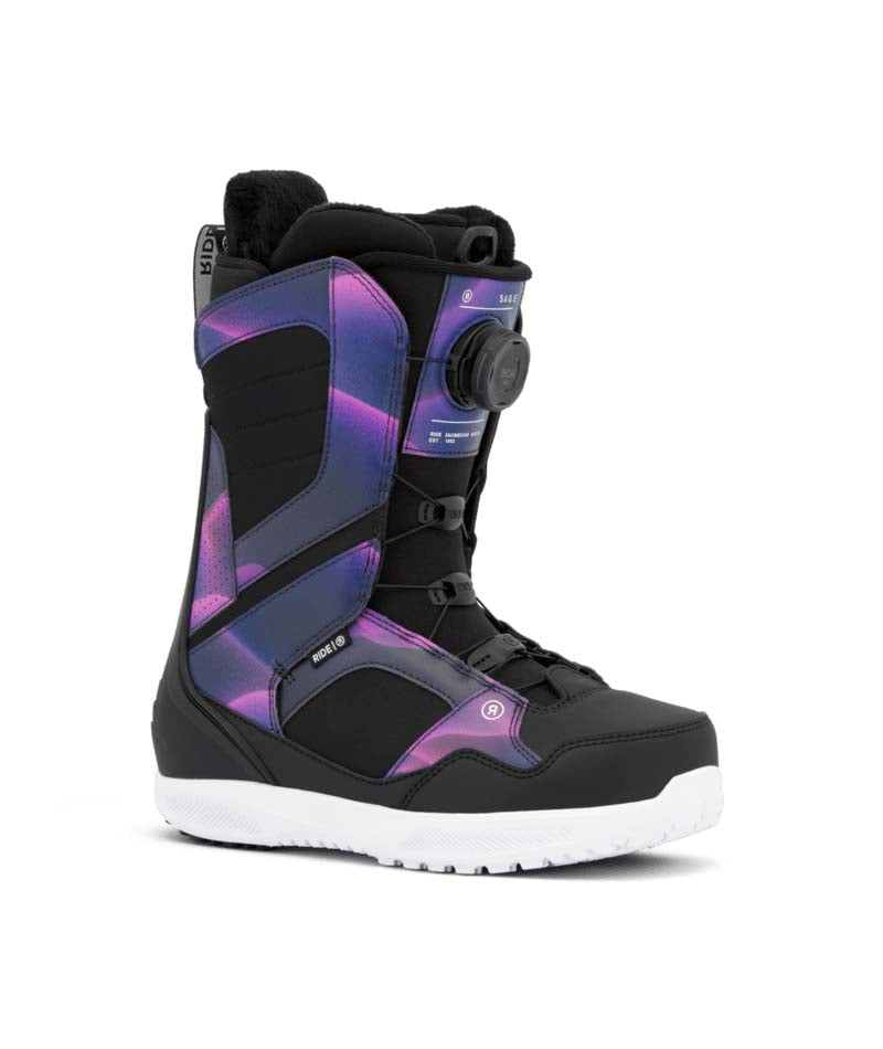 Sage- Black and purple snowboard boot on a white background
