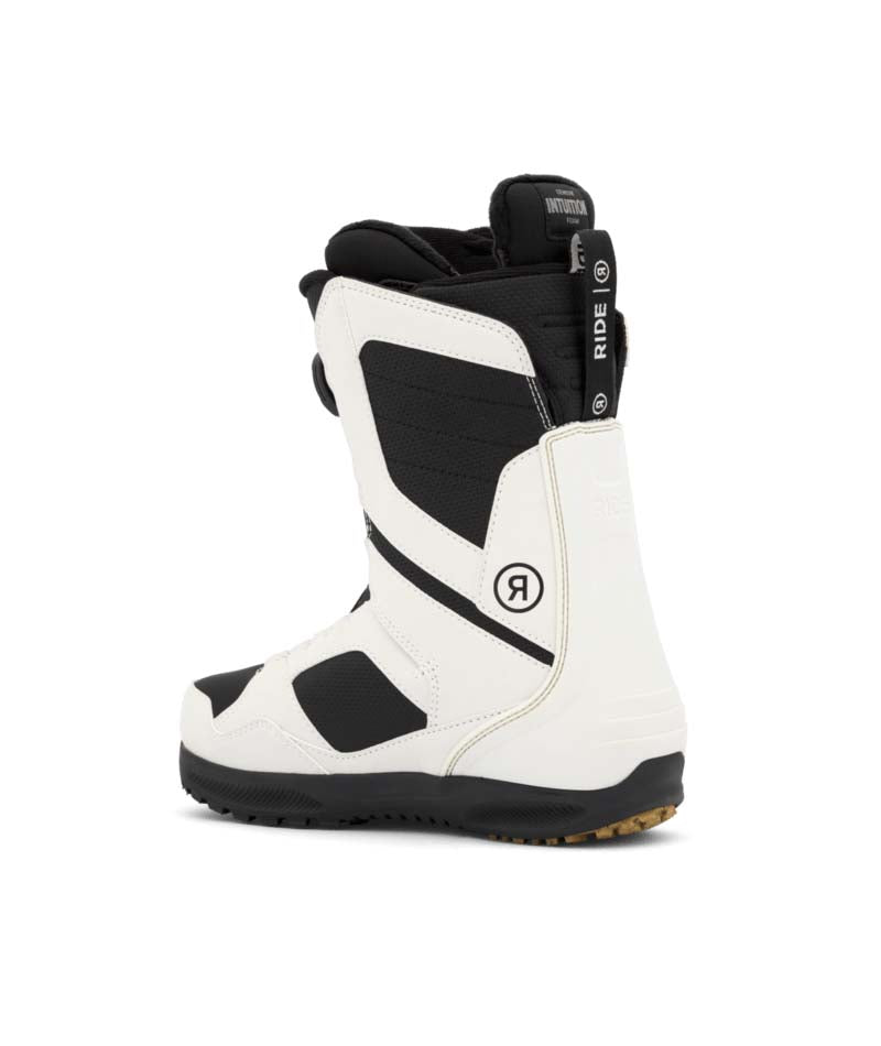Sage- Black and white snowboard boot on a white background