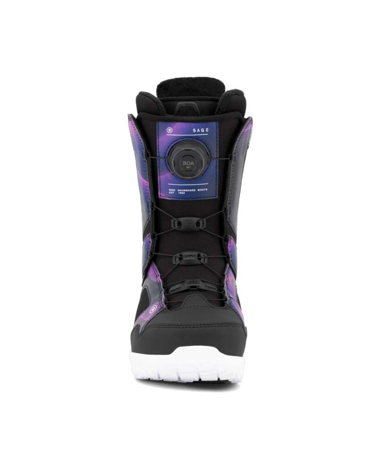 Sage- Black and purple snowboard boot on a white background
