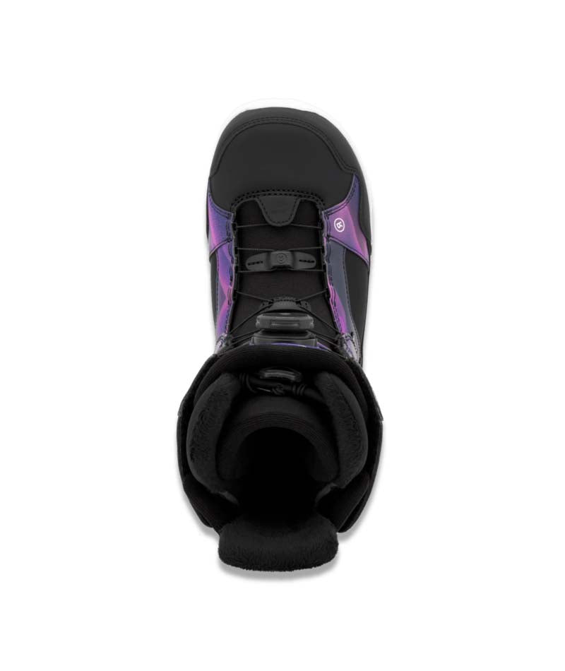 Sage- Black and purple snowboard boot on a white background