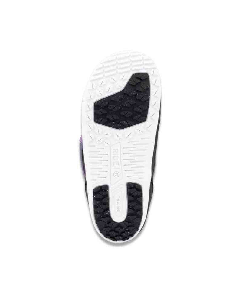 Sage- Black and purple snowboard boot on a white background