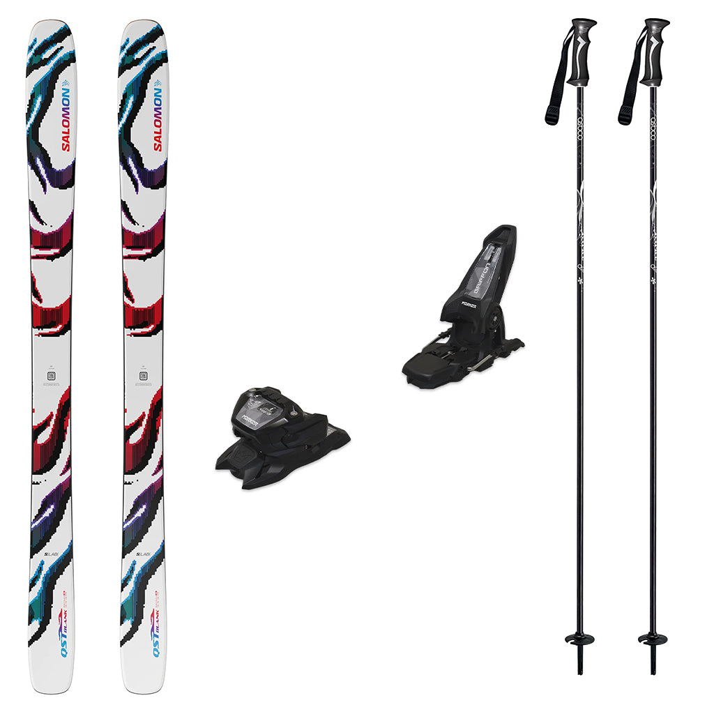 S_LabQSTBlank-Two skis with bindings and poles on a white background