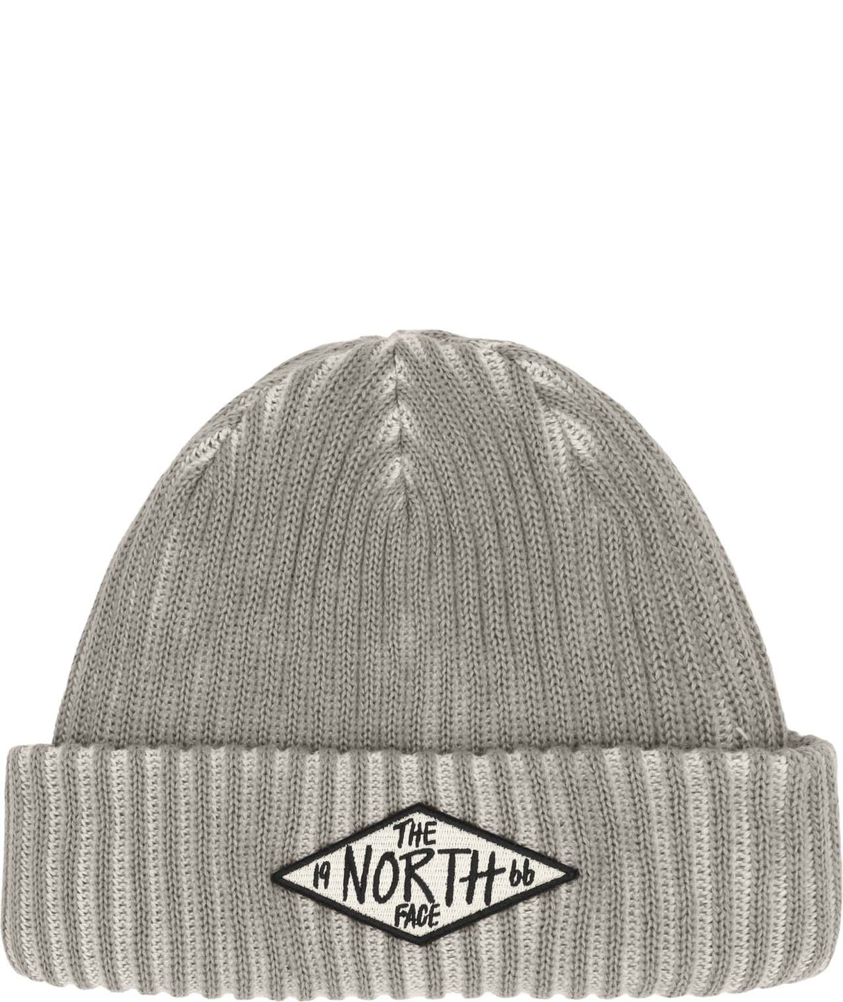 SaltyLinedSEBeanie-Gray knit beanie with The North Face logo on a white background