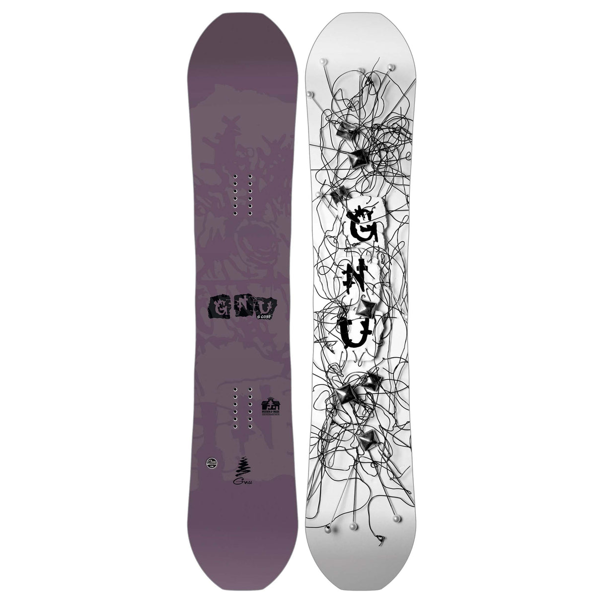 Scorp- Two views of a snowboard, one purple and one with black and white design, on a white background.