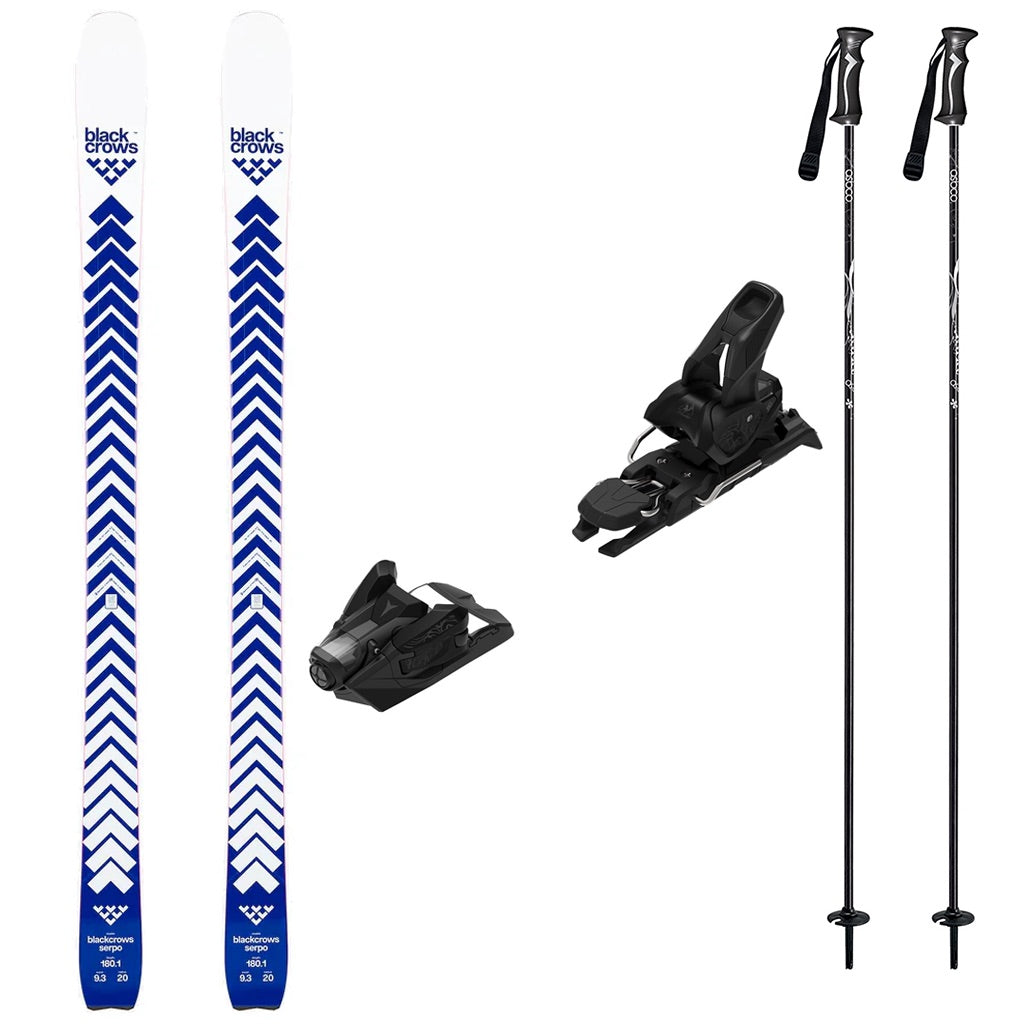 Serpow_Strive12-A ski and snowboard package set featuring two black and white patterned skis, two bindings, and two black ski poles on a solid white background.