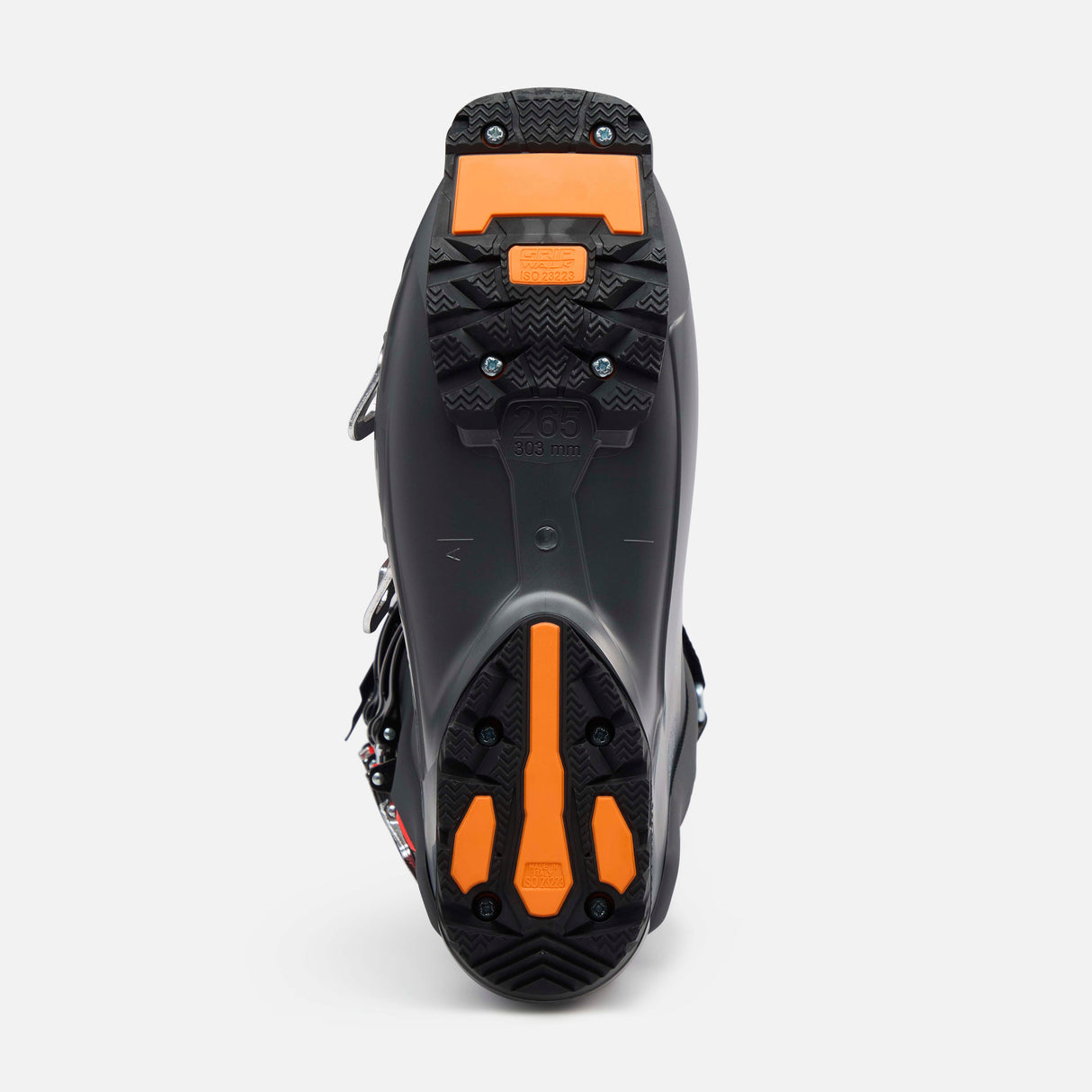 ShadowMV120- Grey, black and orange ski boot on a white background
