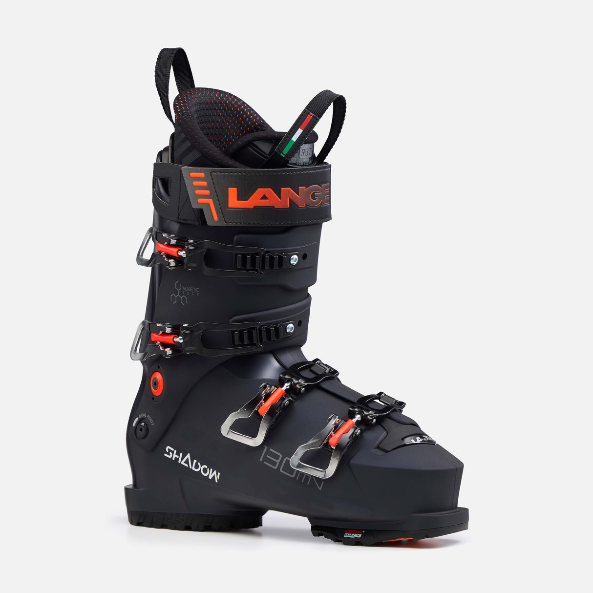 ShadowMV130- Black and orange ski boot on a white background