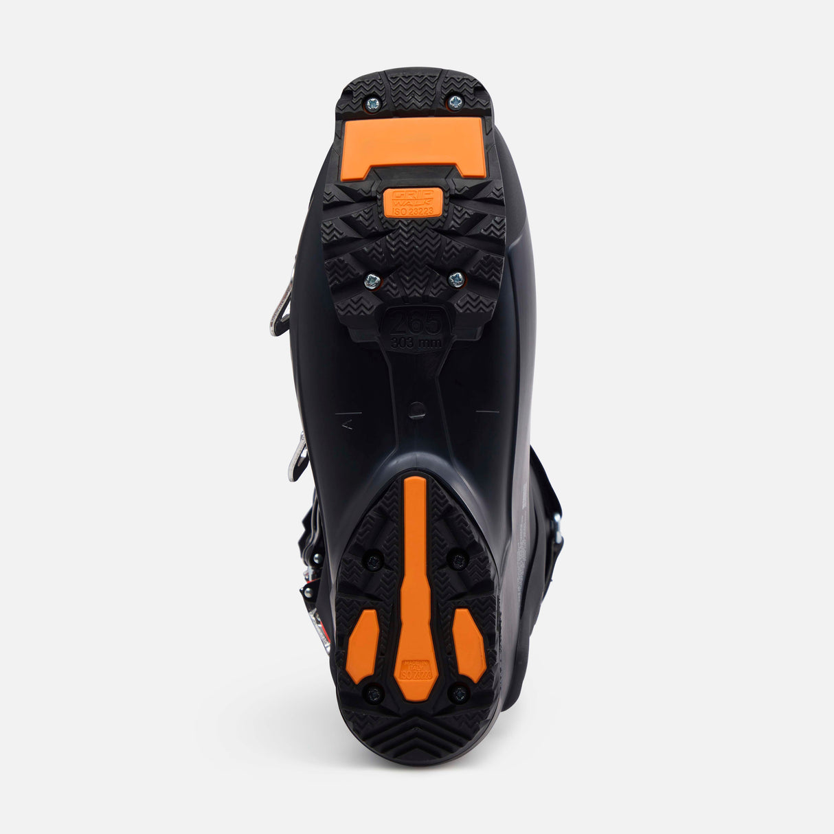 ShadowMV130- Black and orange ski boot on a white background