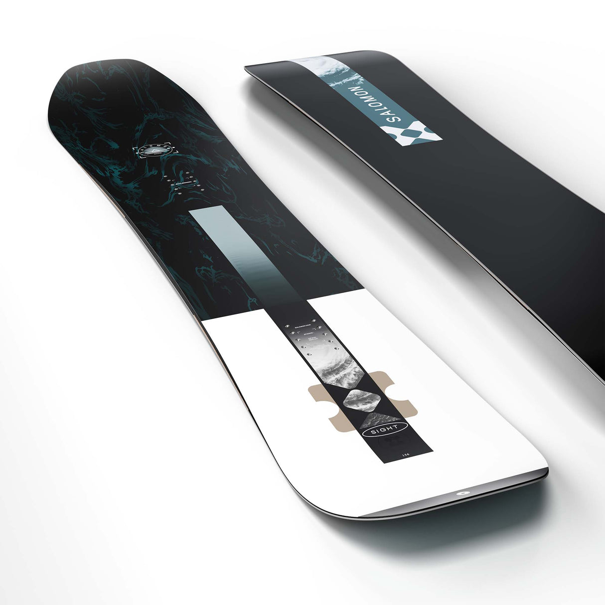 Sight- Black multi colored snowboard on a white background