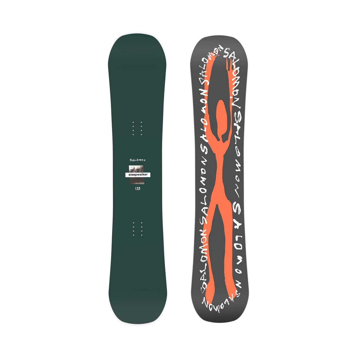 SleepwalkerGrom-Salomon snowboard with green and black design on a white background