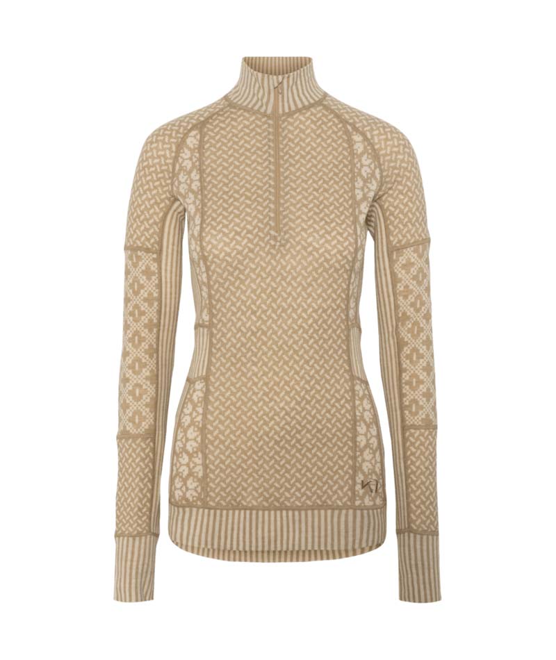 Smekker1_2ZipBaseLayer-Beige knitted sweater with a pattern on a white background