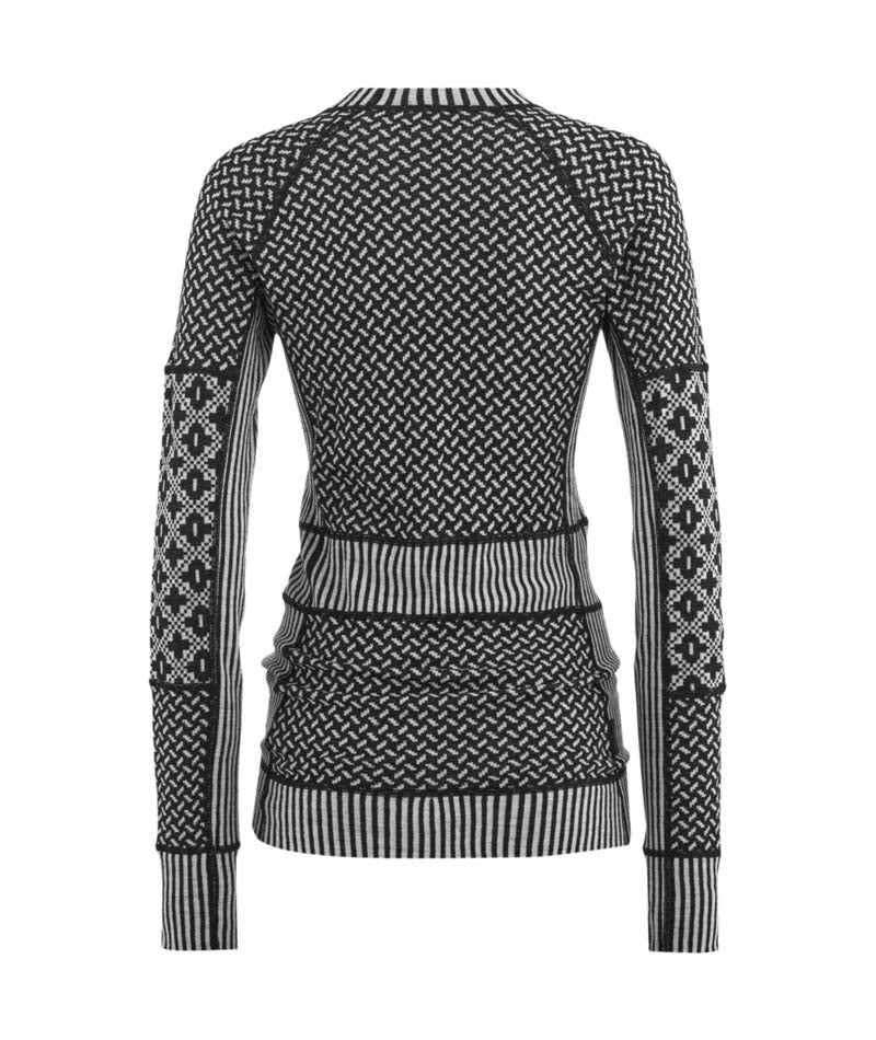 SmekkerLongSleeveBaseLayer-Black and white patterned sweater on a white background