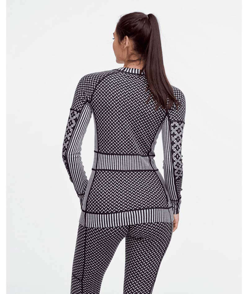 SmekkerLongSleeveBaseLayer-Black and white patterned sweater on a white background