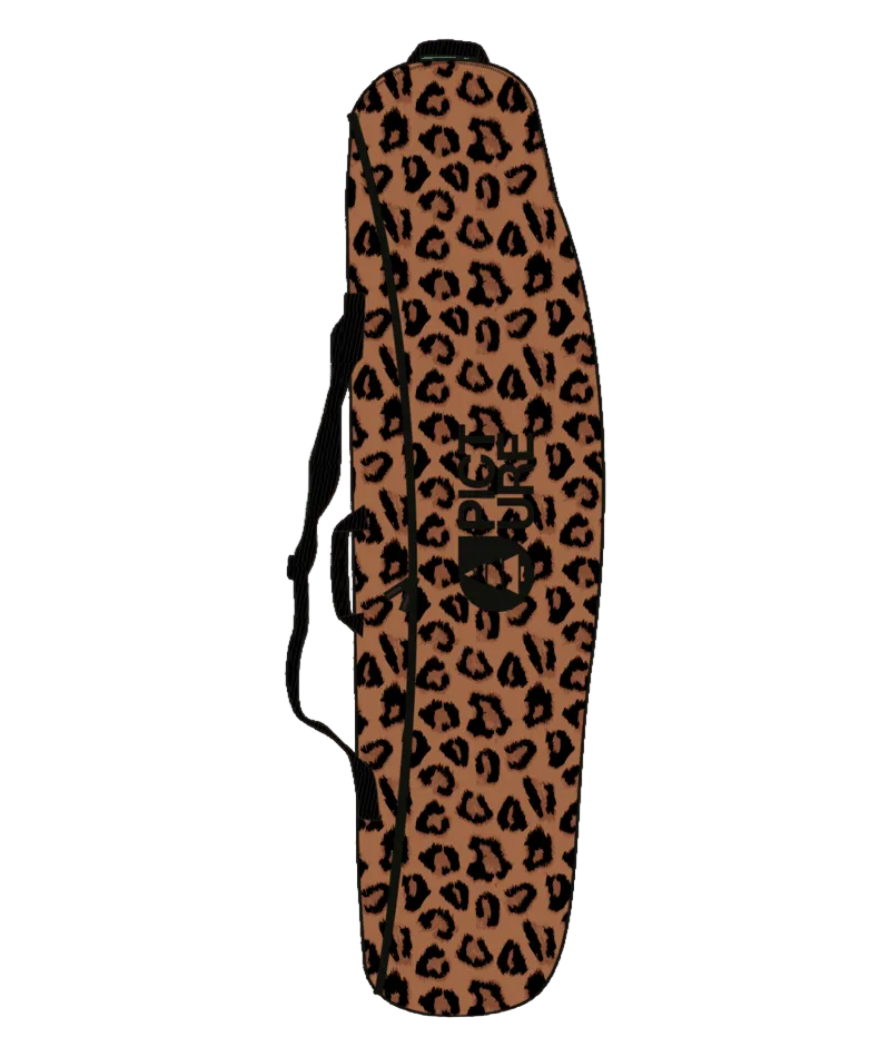SnowBag-A long, narrow soft-sided bag with a tan and black leopard print pattern, shown upright against a plain white background. The bag has black trim, a black shoulder strap, and a black logo printed near the center.