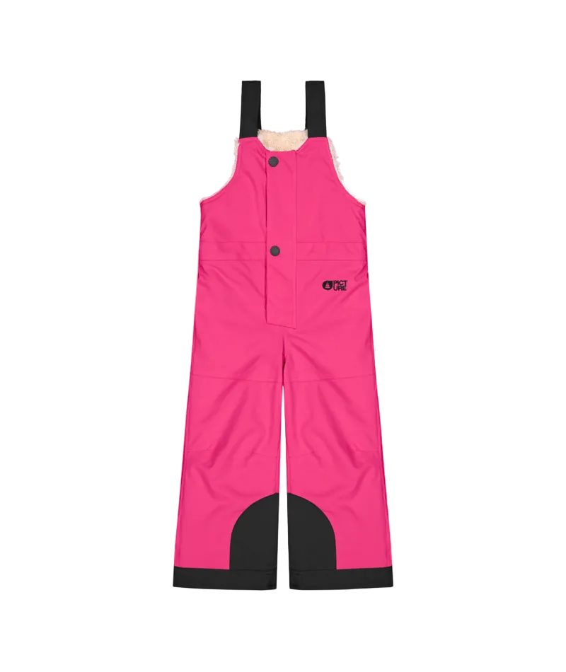 SnowyToddlerBibPant-Bright pink snow bib with black trim and adjustable shoulder straps, shown flat against a white background.