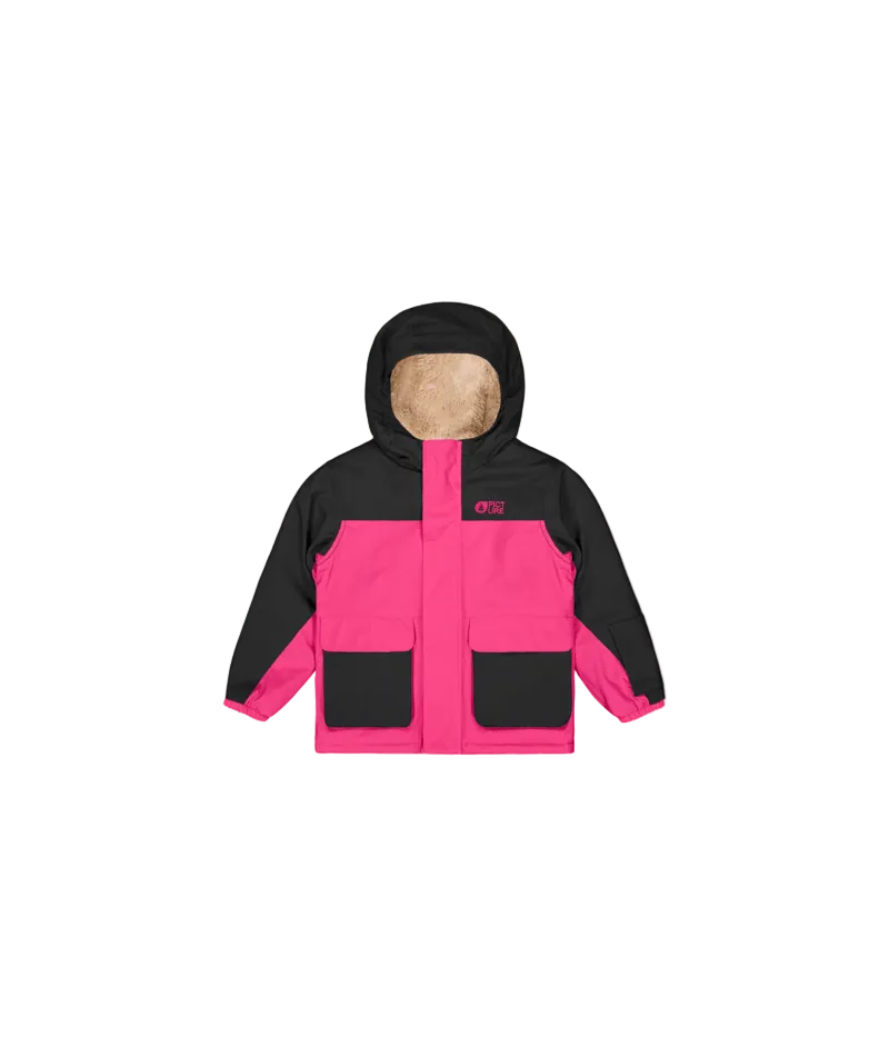 SnowyToddlerJacket-A hooded children's jacket in bright pink and black, featuring a beige fleece-lined hood and two black front patch pockets, shown against a plain white background.