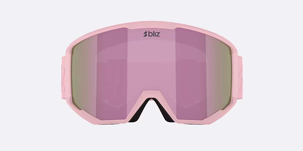 Spark-Bliz ski goggles in matte light pink with a mirrored pink lens and a matching pink strap, shown on a light gray background.