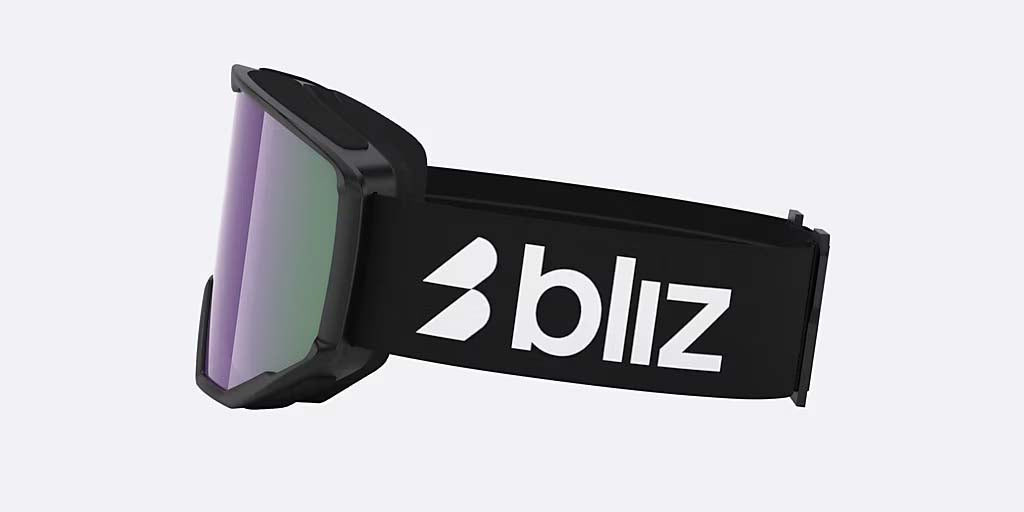 Spark-Bliz ski goggles in matte black with a mirrored purple lens and a matching black strap, shown on a light gray background.