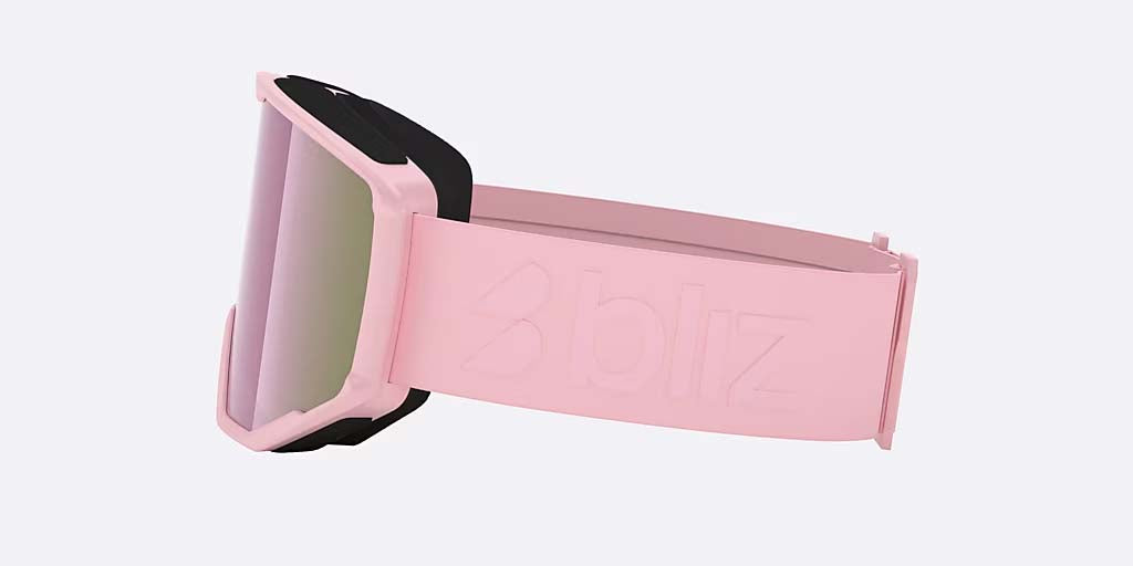 Spark-Bliz ski goggles in matte light pink with a mirrored pink lens and a matching pink strap, shown on a light gray background.