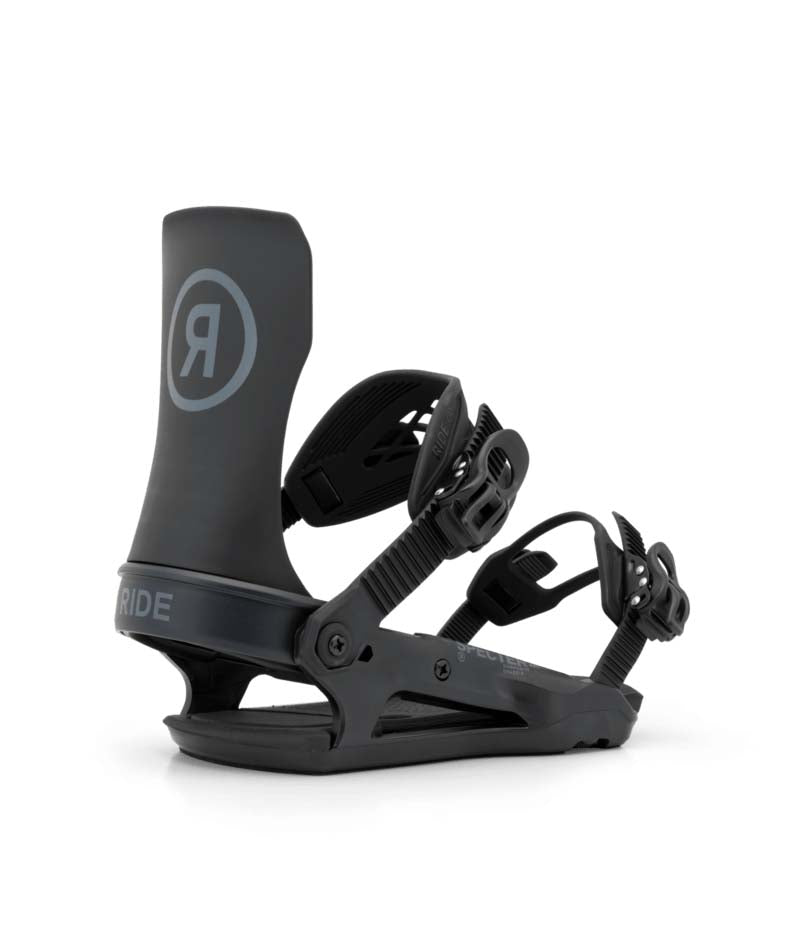 SpecterJr.- Black snowboard bindings on a white background