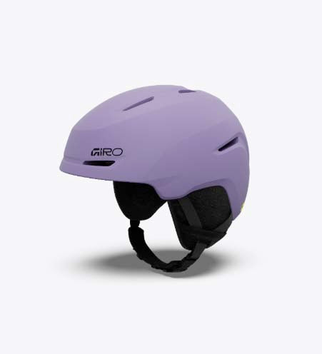 SpurMIPS-Purple helmet with black interior and chin strap on a white background