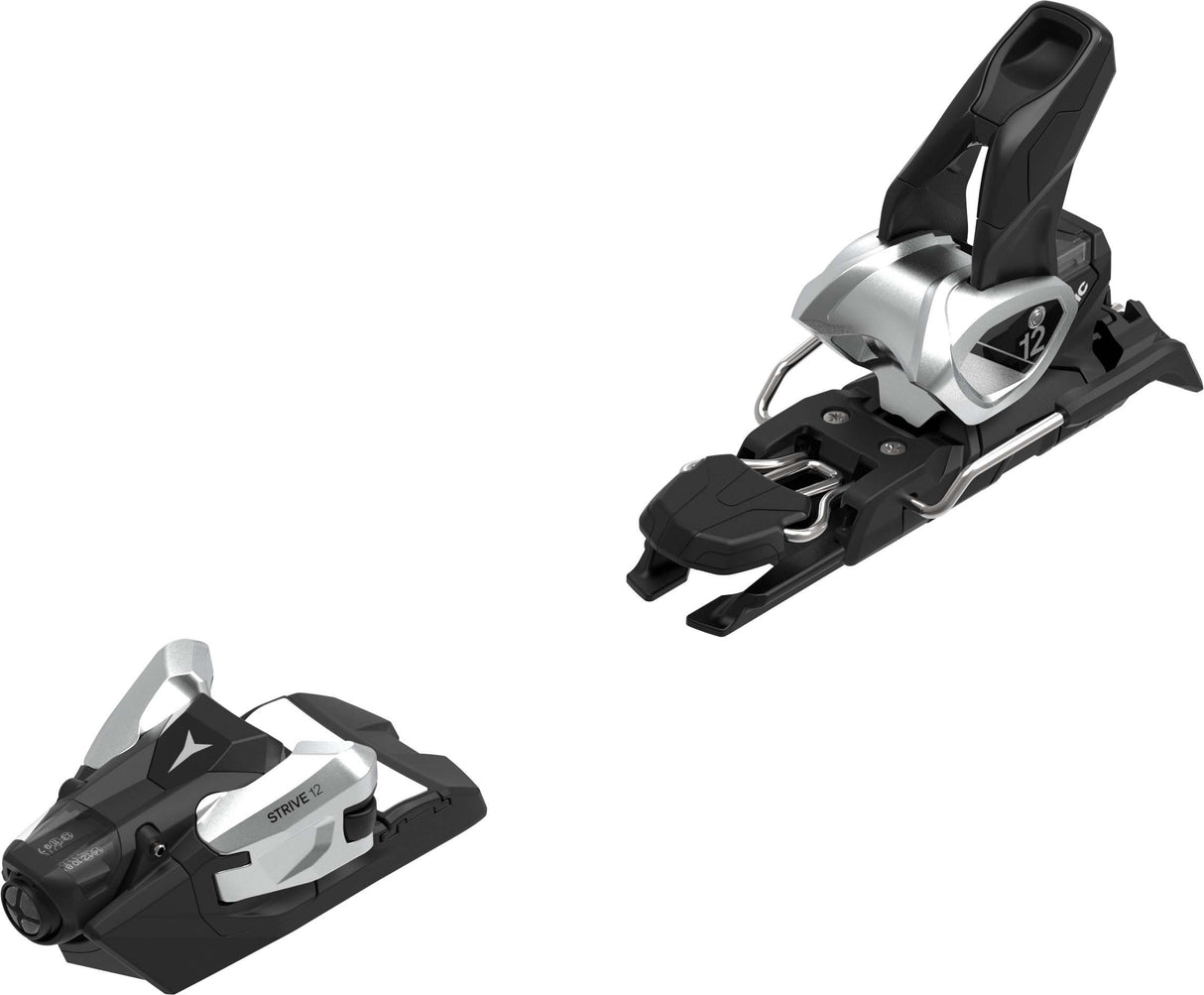 Strive12GW- Black and silver ski binding on a white background