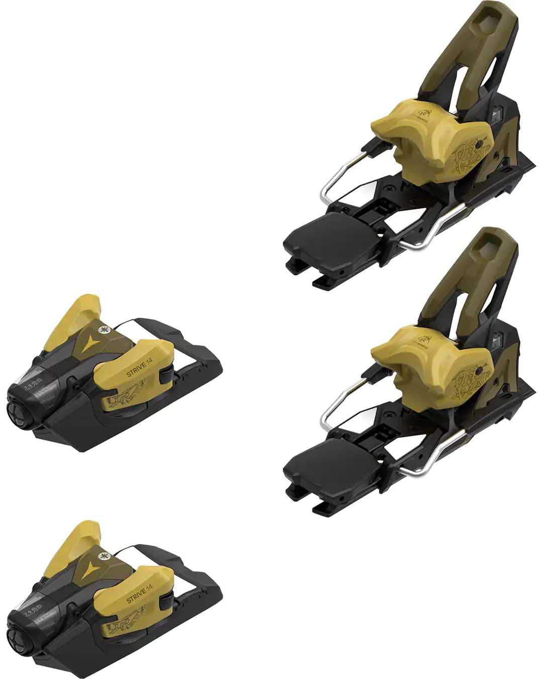 Strive14MN-Set of black and yellow ski bindings on a white background