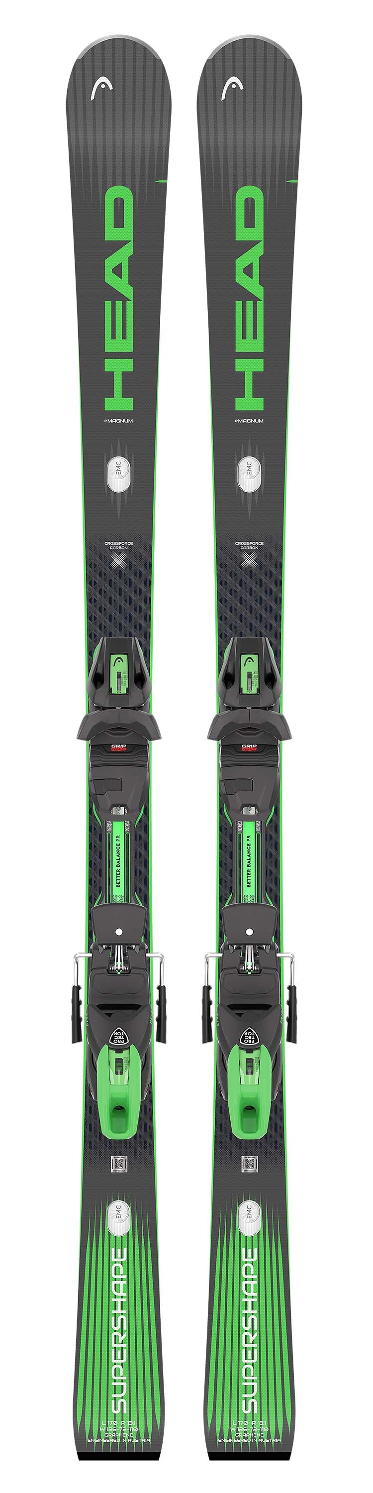 Supershapee-Magnum-Pair of green and black Head skis with bindings on a white background