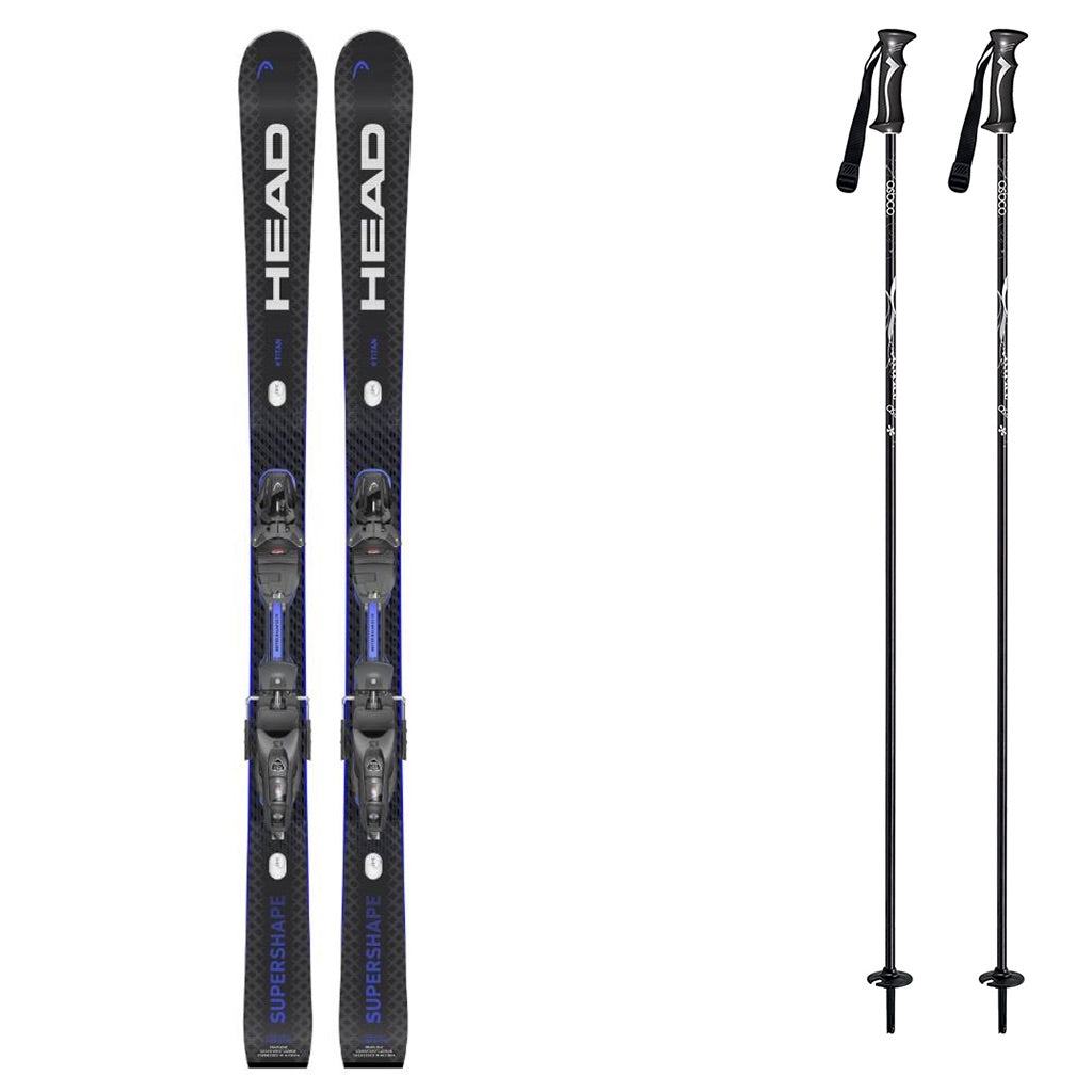 Supershapee-Titanw_ProtectorEVOPR13-A pair of black and blue head ski tips with bindings attached, shown next to a pair of black ski poles on a plain white background.