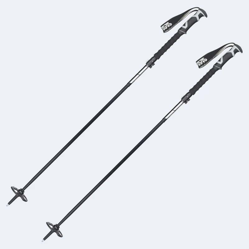 SwiftStickPole-Two black and silver ski or hiking poles with textured black grips and white logo details, shown on a light gray background.